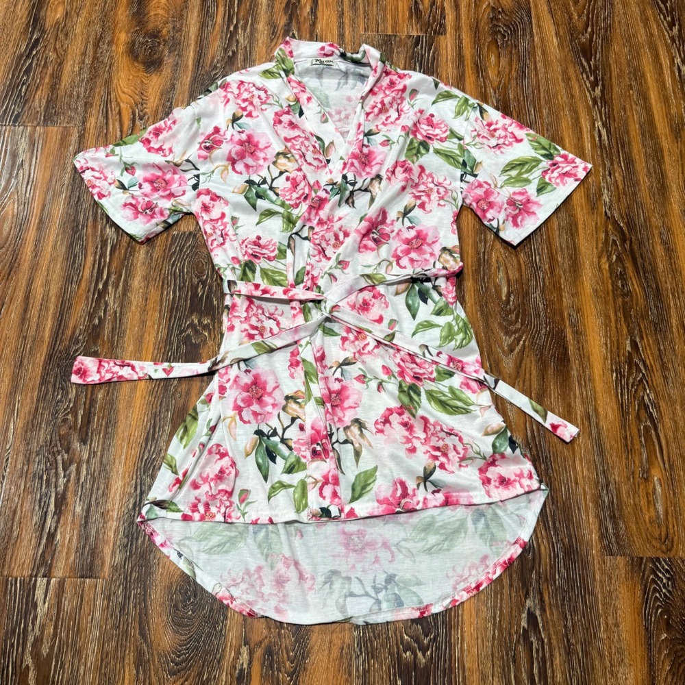 Show Me Your Mumu Floral Robe Pink White High Low Short Sleeve OS Wrap Tie